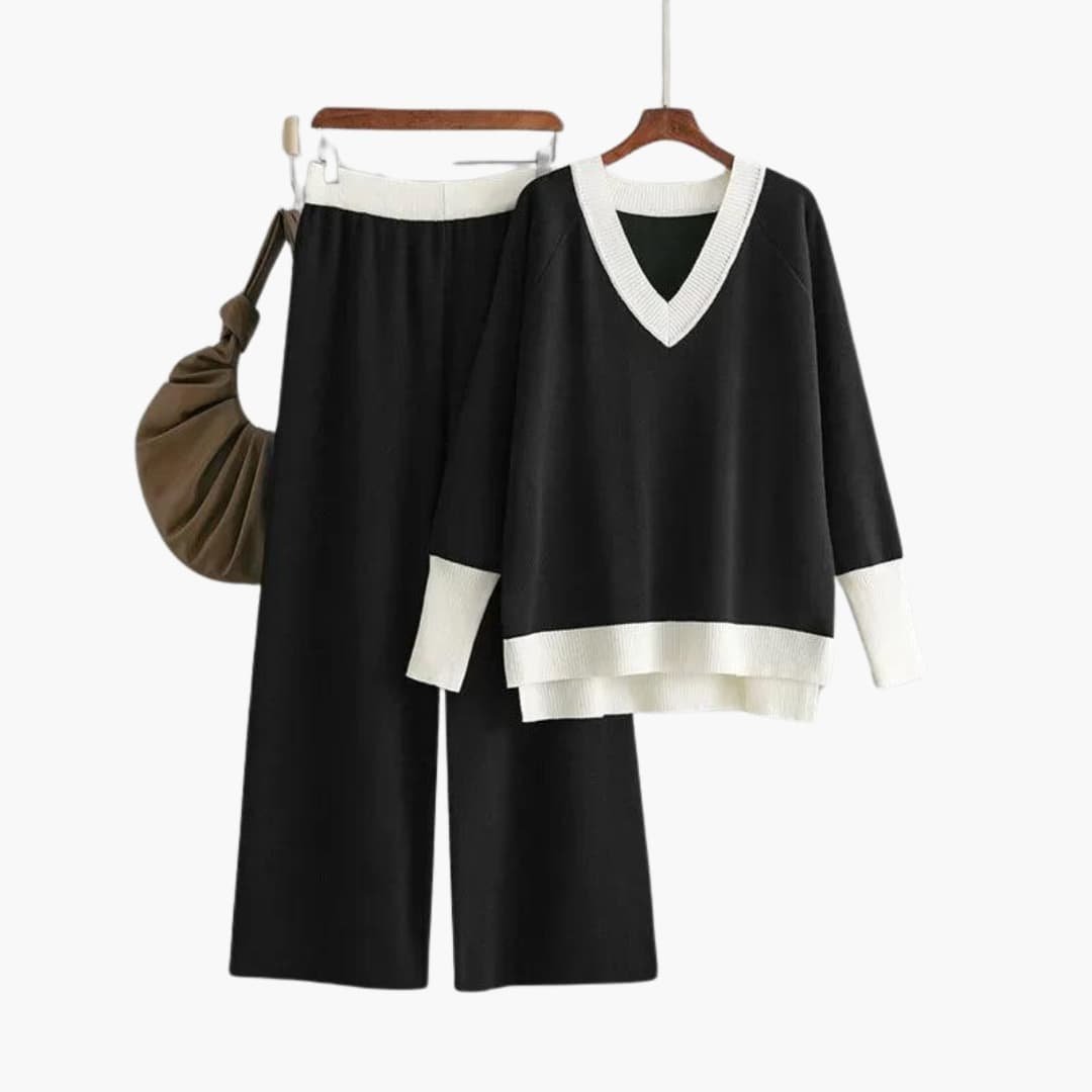 Viora | Sweater Set – V-Neck Design with Wide-Leg Trousers for Women