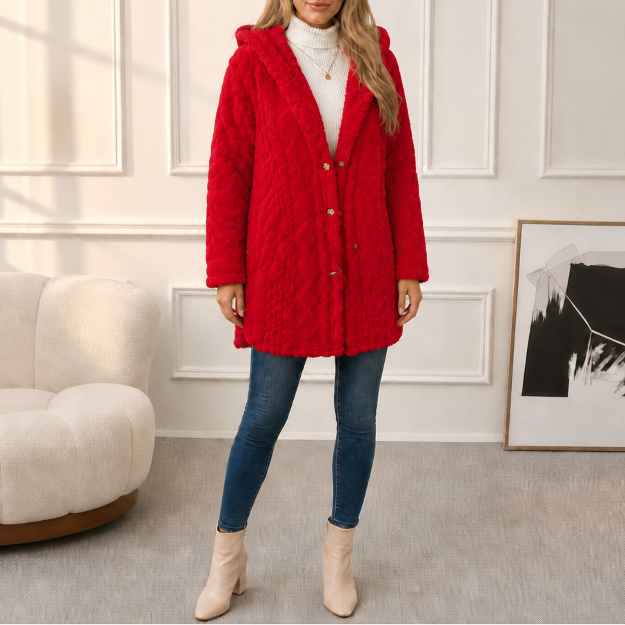 Wearbella | Diamond Jacquard Plush Hooded Coat – Elegantes Design für Damen
