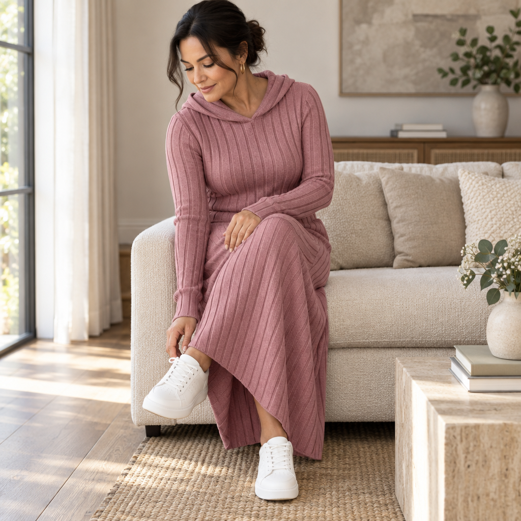 Ribwarm | Hoodie-Maxikleid aus Rippenstrick