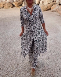 Emma | Bedrucktes V-Ausschnitt Tunika und Wide Leg Hosen Set