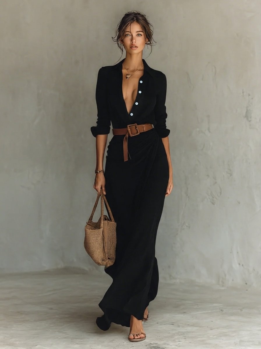 Nora | Tailliertes Langarm Maxikleid mit Gürtel