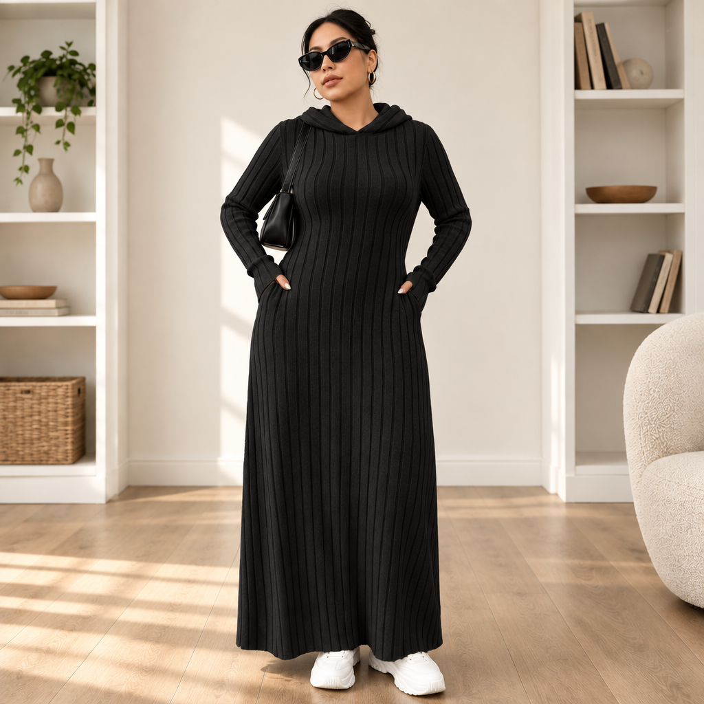 Ribwarm | Hoodie-Maxikleid aus Rippenstrick