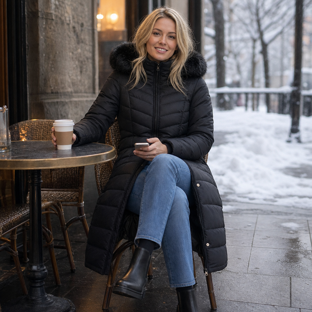 Chevronwarm | Longline Puffer Coat met Faux Fur Capuchon