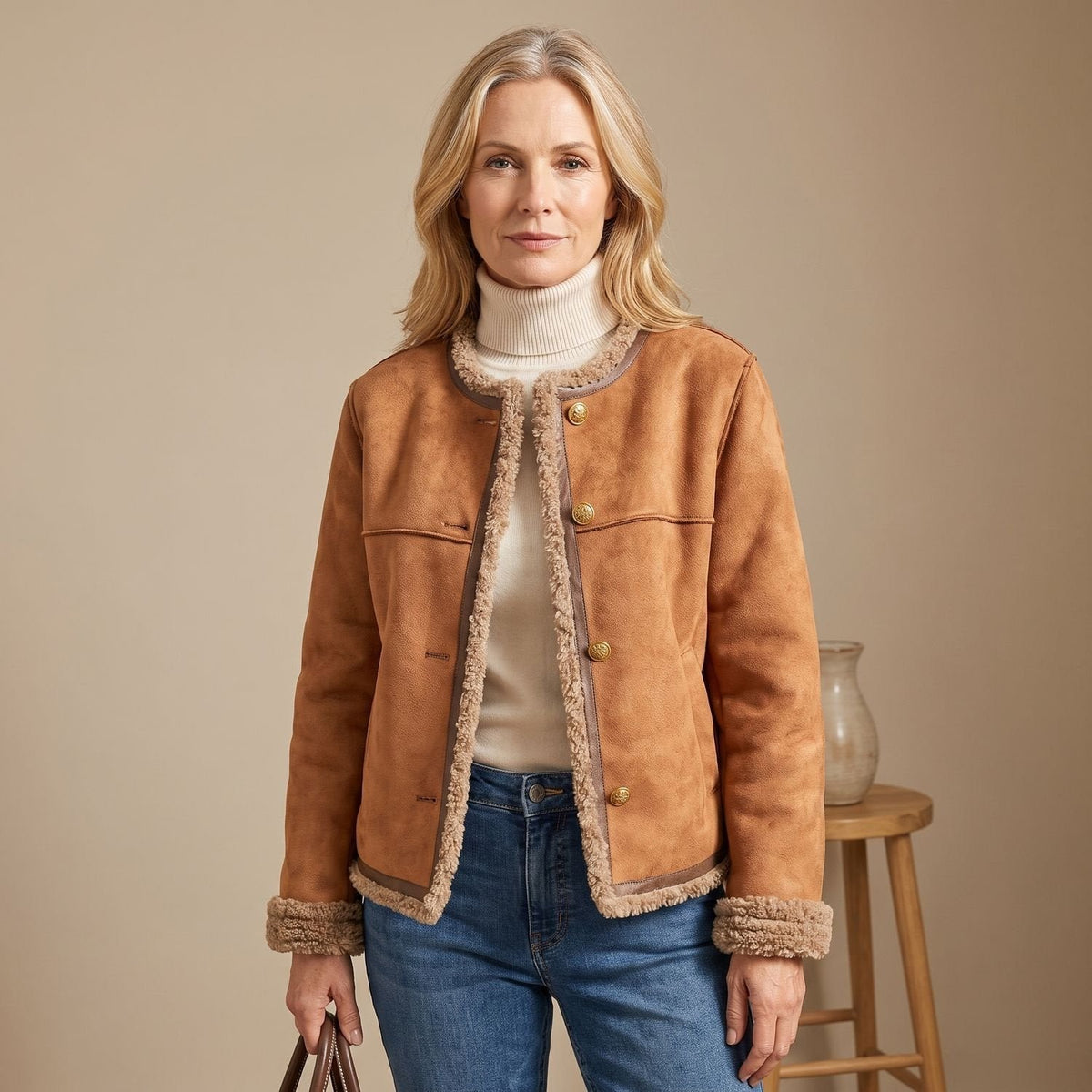 Greta | Kurze Lederjacke mit Kunstlammfell-Futter und Goldknöpfen
