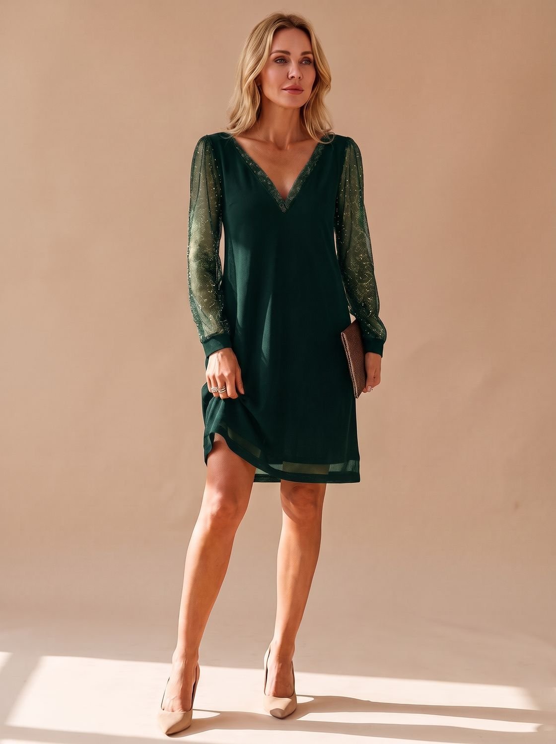Scarlett | Mini Festkleid mit V-Ausschnitt und Glitter-Mesh-Ärmeln