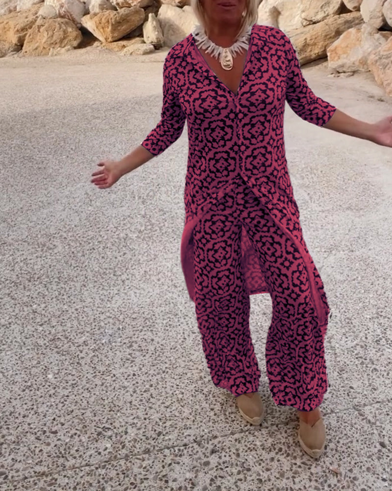 Emma | Bedrucktes V-Ausschnitt Tunika und Wide Leg Hosen Set
