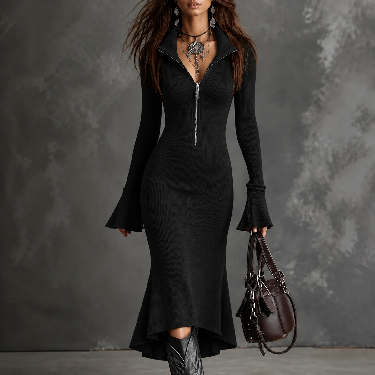 Selara | Ribbed Fishtail Knit Midi Dress – Elegante Flare Cuffs