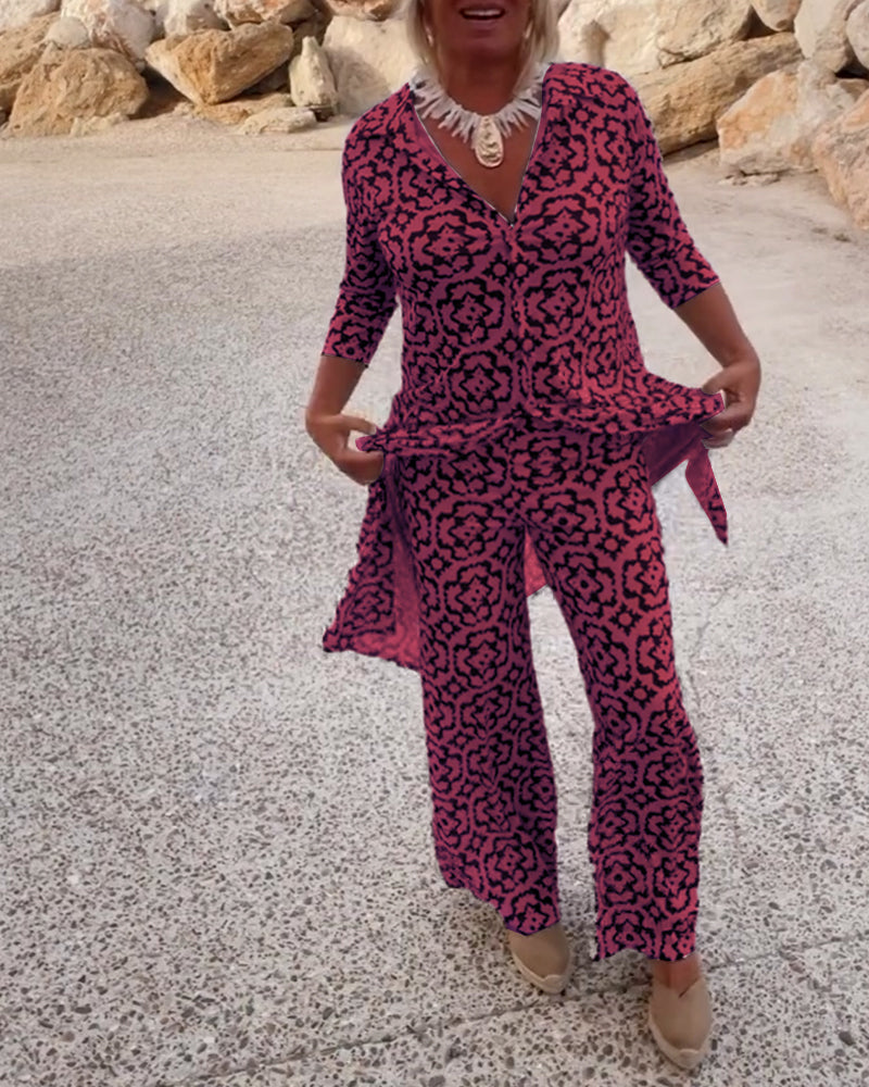 Emma | Bedrucktes V-Ausschnitt Tunika und Wide Leg Hosen Set