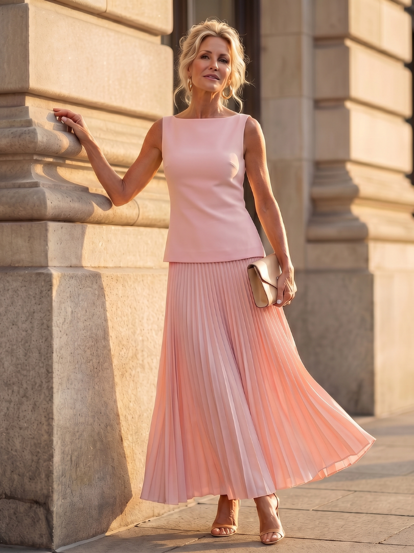 Rhodes | Midi Dress – Strukturiertes Oberteil mit Faltenrock