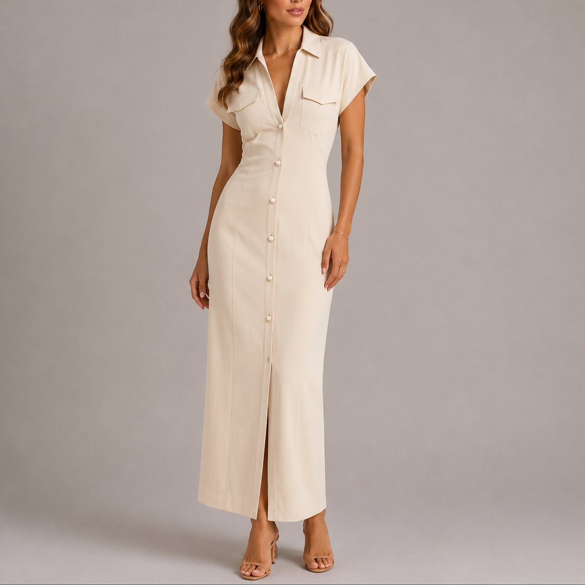 Doreen | Stilvolles Herbsthochzeits Maxikleid mit Knopfleiste