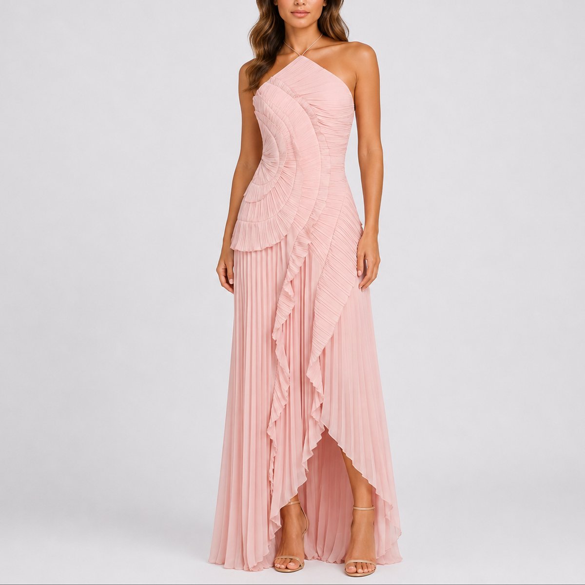 Kerstin | Elegantes Herbsthochzeits Maxikleid mit plissierten Rüschen