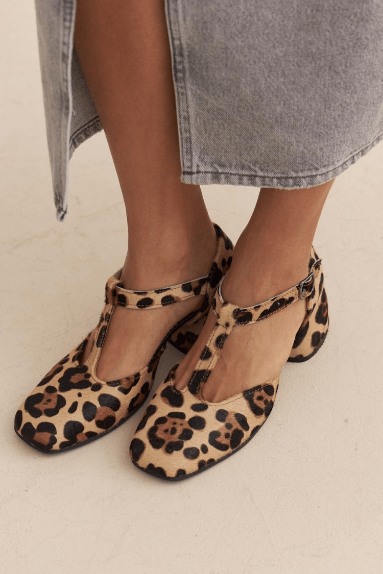 London | T-Strap Block Heels – Stylisches Leopardenmuster für Frauen