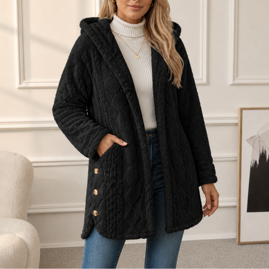 Wearbella | Diamond Jacquard Plush Hooded Coat – Elegantes Design für Damen