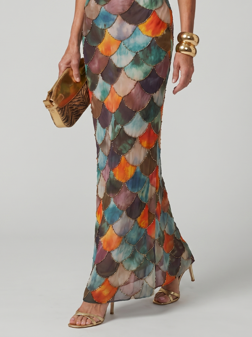 Larkin | Maxi Dress – Fitted Multicolor Scale Pattern
