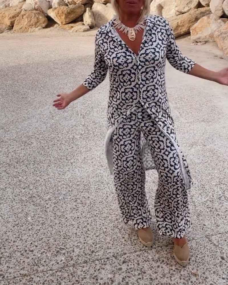 Emma | Bedrucktes V-Ausschnitt Tunika und Wide Leg Hosen Set