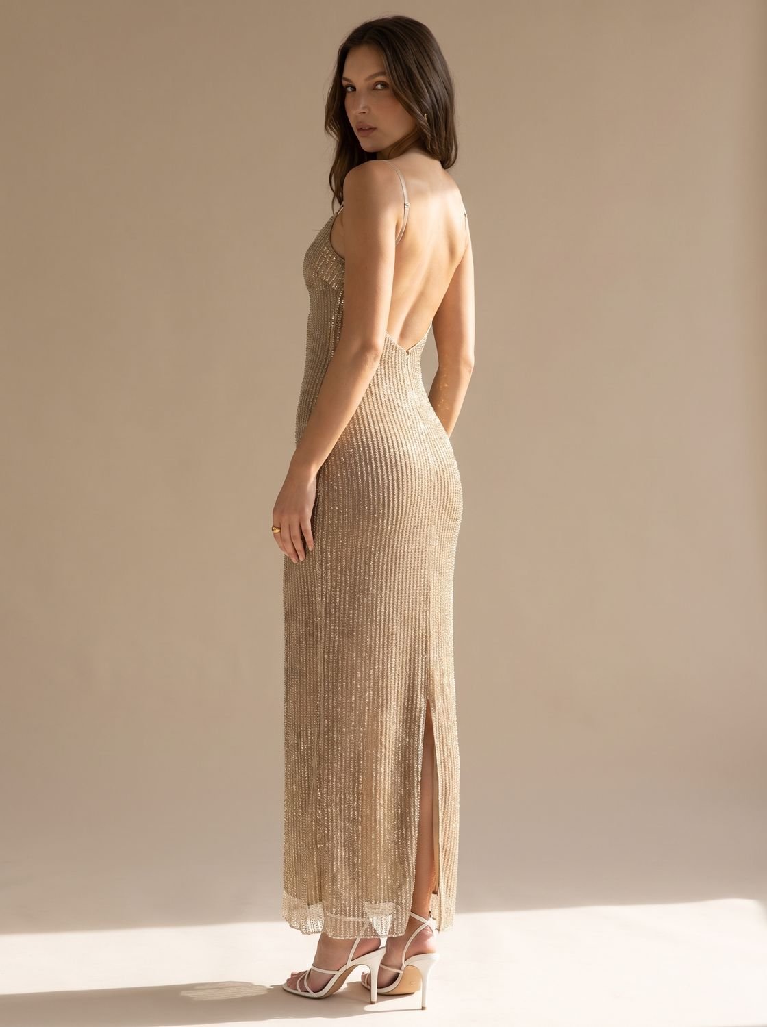 Grace | Bodycon Maxi Kleid – Glitzer Spaghetti-Träger für Damen
