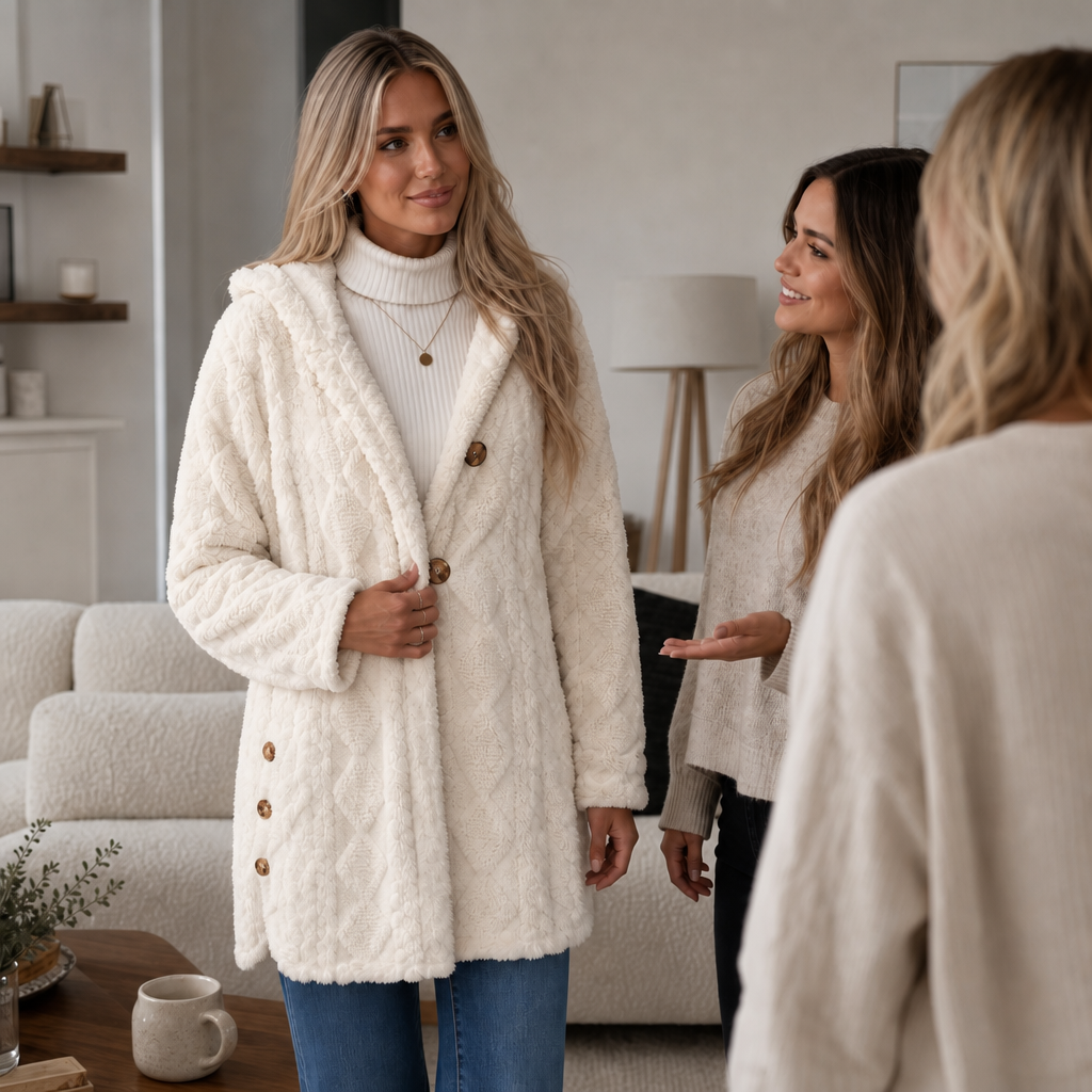 Wearbella | Diamond Jacquard Plush Hooded Coat – Elegantes Design für Damen