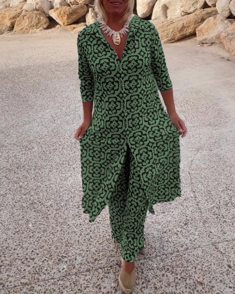 Emma | Bedrucktes V-Ausschnitt Tunika und Wide Leg Hosen Set