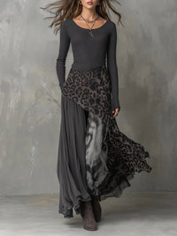Lena | Stilvolles Langarm Maxi Kleid mit Rippstrick und Leopardenmuster