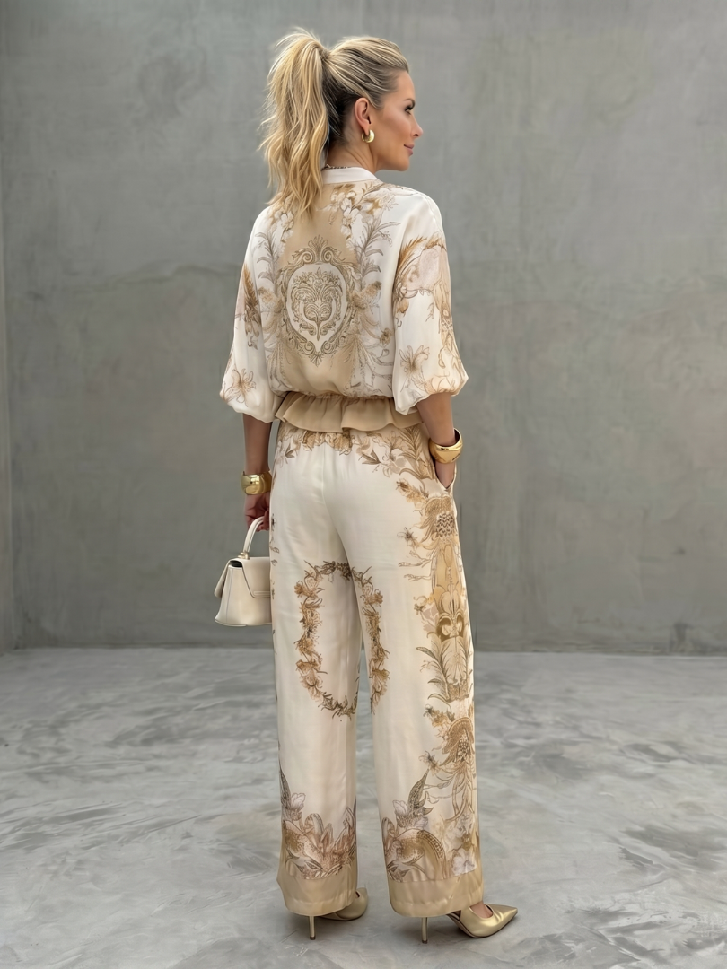 Indie | Blouson Top Set – Gedruckte Bluse mit Zip-Front