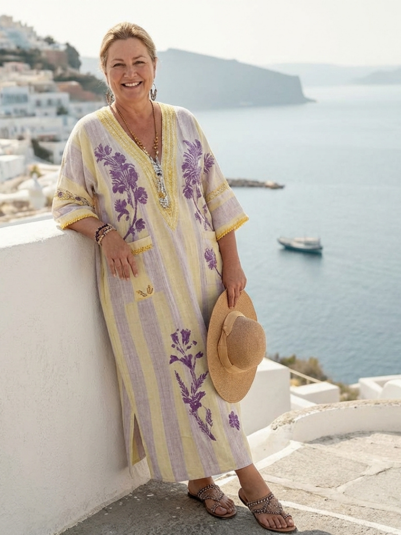 Aurelia | Maxi Kleid – V-Ausschnitt mit Halbärmeln und Streifenmuster